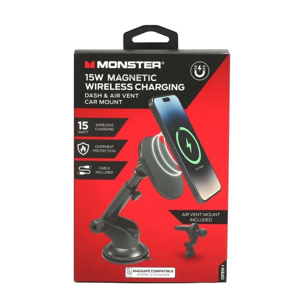 Monster 15Watt Wireless Charging Car Mount Dash and Vent